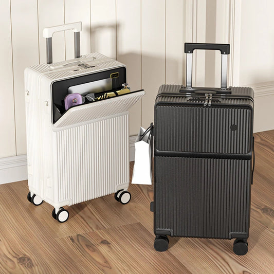 Travel suitcase with wheels and large compartments and front opening