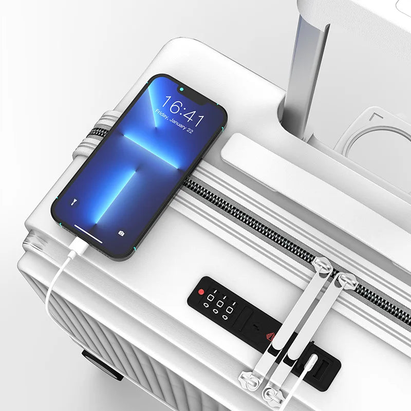 Petite valise à roulettes à ouverture frontale avec support de téléphone USB