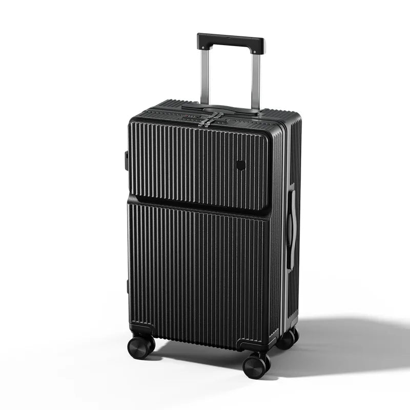 Travel suitcase with wheels and large compartments and front opening