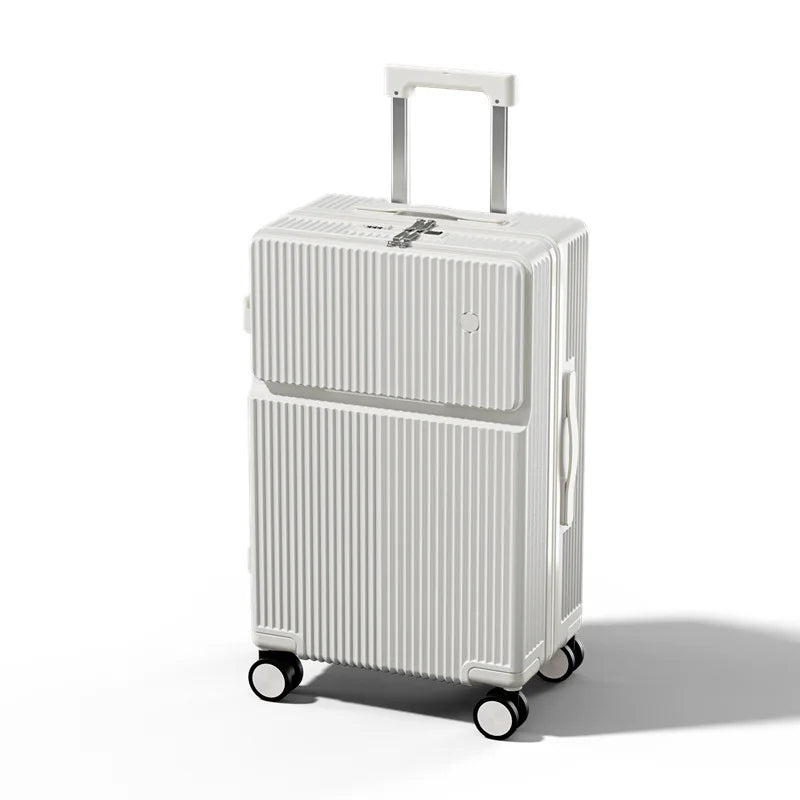 Travel suitcase with wheels and large compartments and front opening