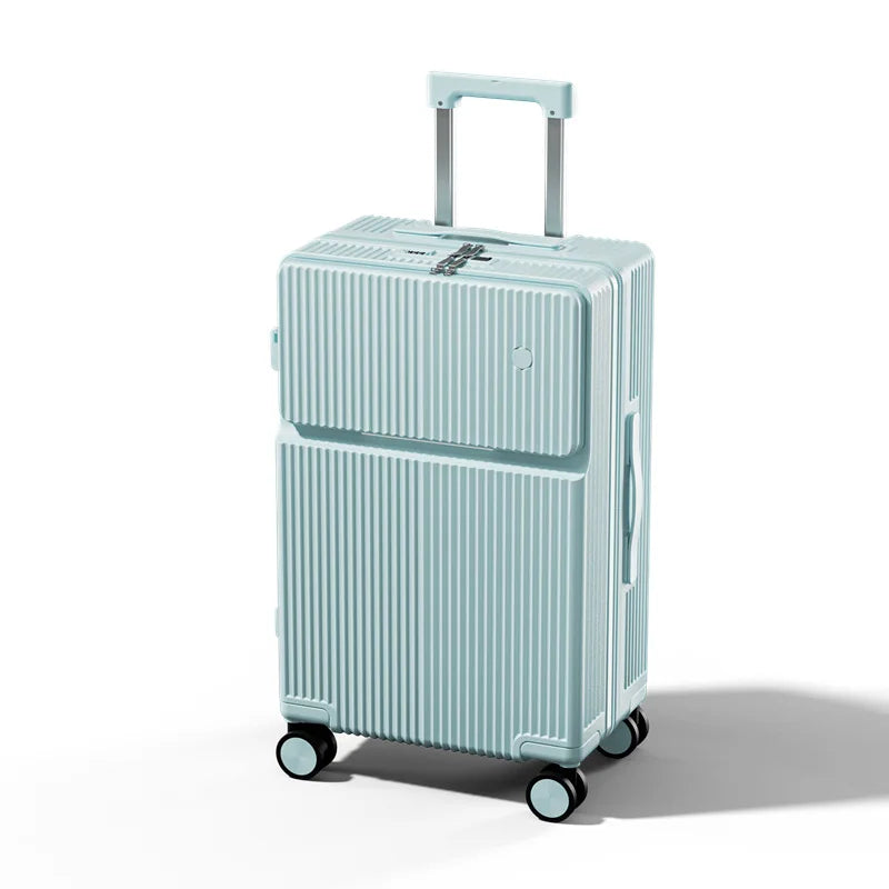 Travel suitcase with wheels and large compartments and front opening