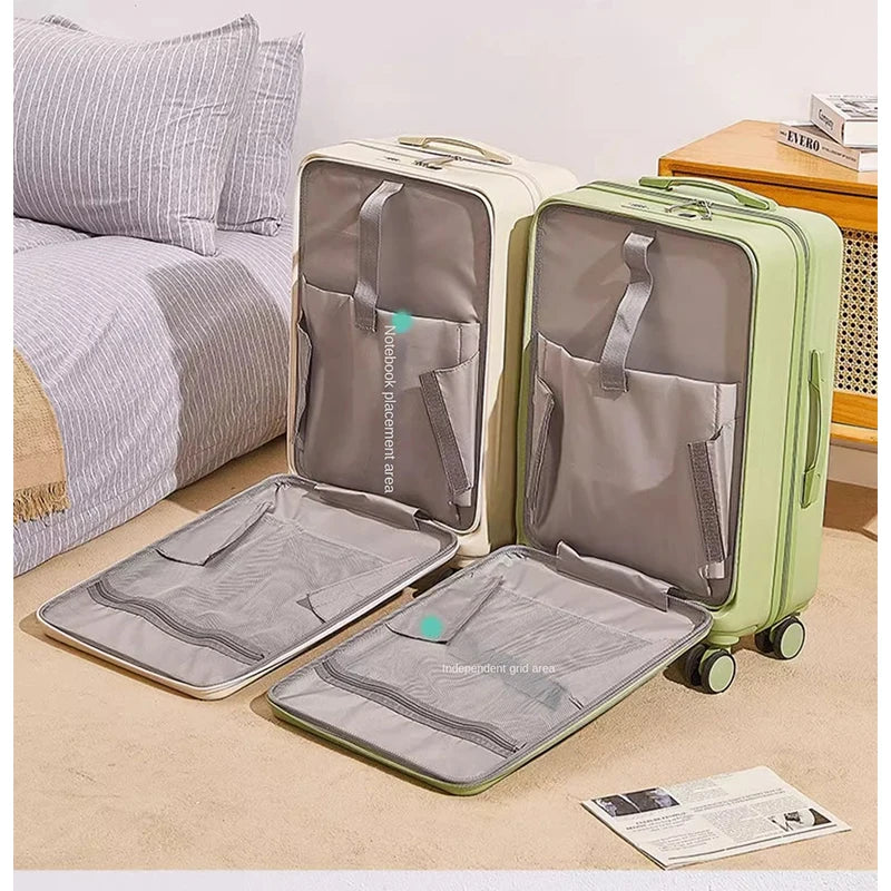 20 or 22 inch rolling travel suitcase with front opening and USB port